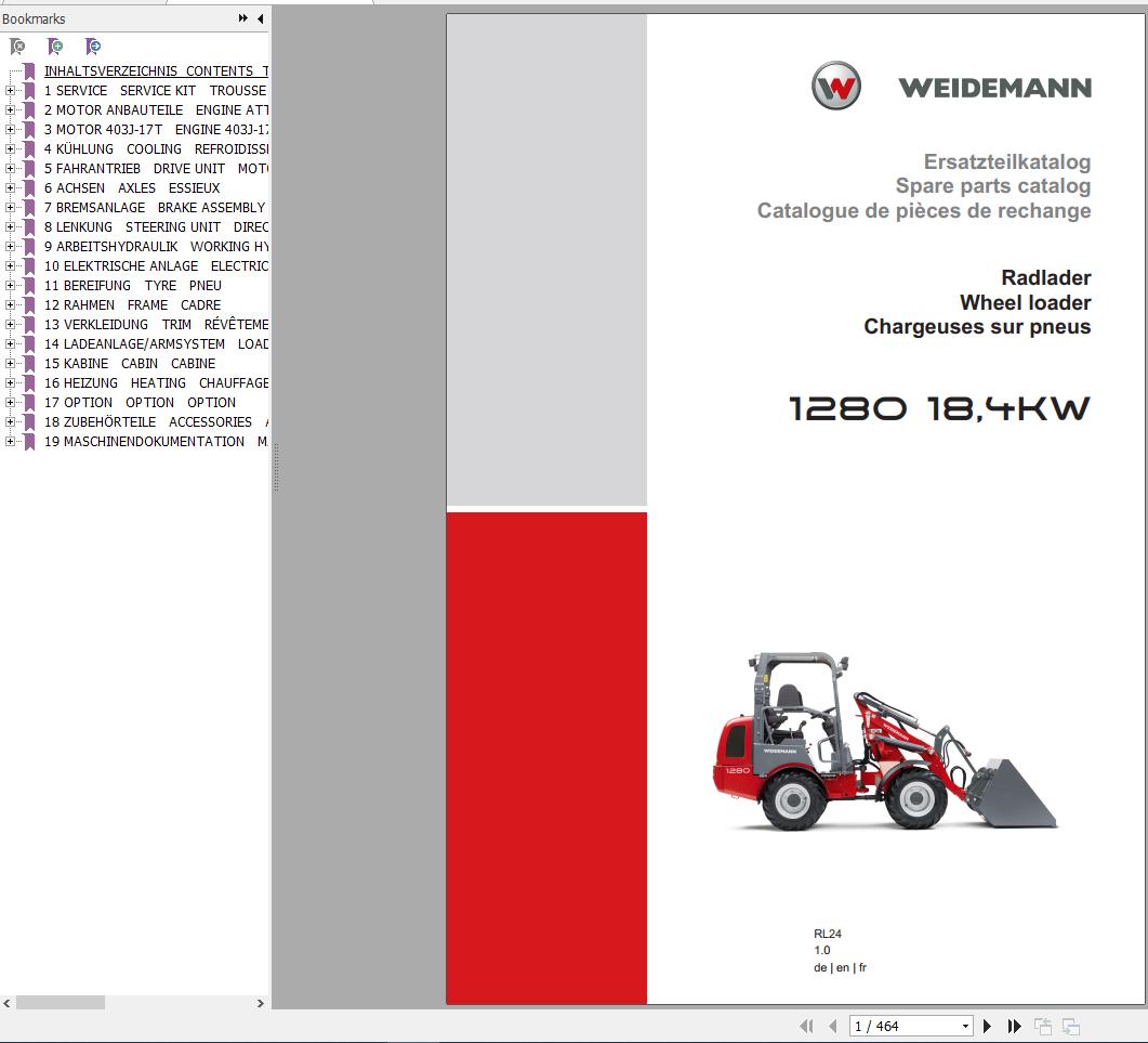 Weidemann Wheel Loader 1280 RL24 184KW 1.0 Spare Parts List ENDEFR 1