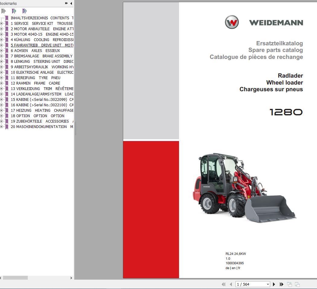 Weidemann Wheel Loader 1280 RL24 246KW 1.0 Spare Parts List ENDEFR 1