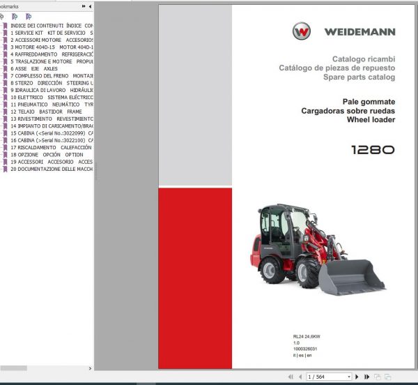 Weidemann Wheel Loader 1280 RL24 246KW 1.0 Spare Parts List ENITES 1