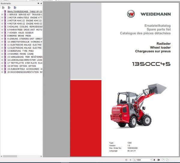 Weidemann Wheel Loader 1350CC45 1350 1.0 Spare Parts List ENDEFR 1