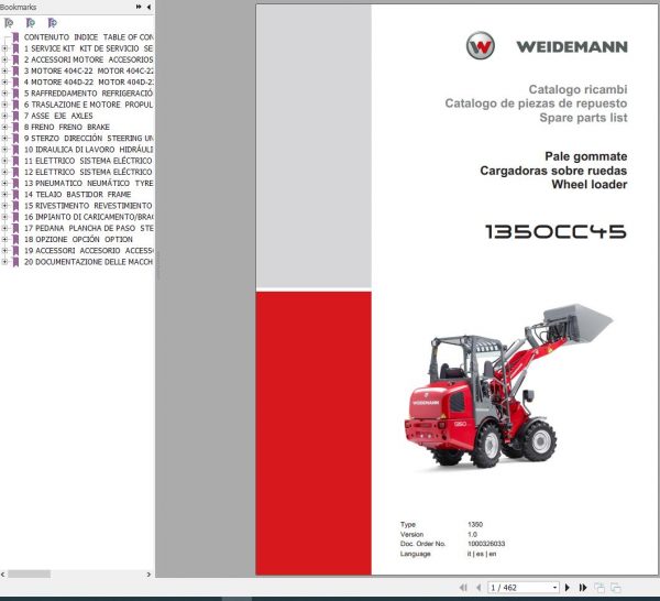 Weidemann Wheel Loader 1350CC45 1350 1.0 Spare Parts List ENITES 1