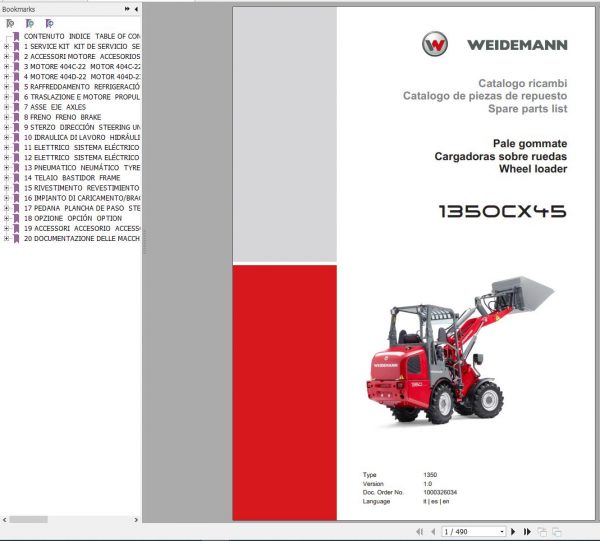 Weidemann Wheel Loader 1350CX45 1350 1.0 Spare Parts List ENITES 1
