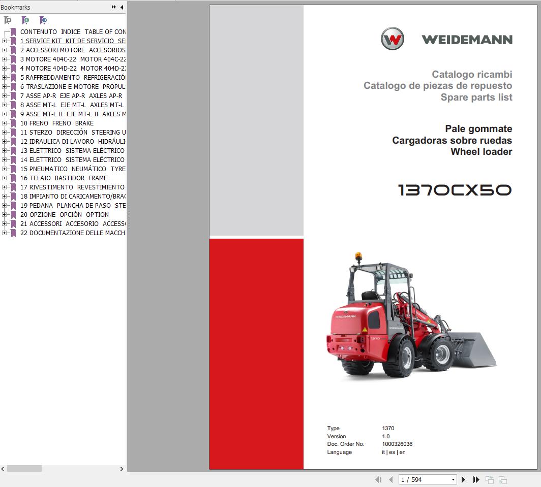 Weidemann Wheel Loader 1370CX50 1370 1.0 Spare Parts List ENITES 1