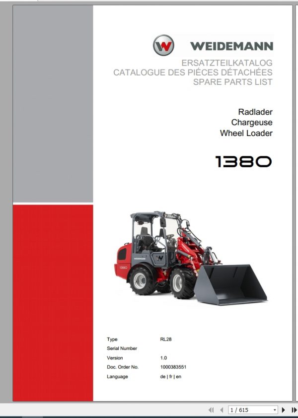Weidemann Wheel Loader 1380 RL28 1.0 Spare Parts List DEFREN 1