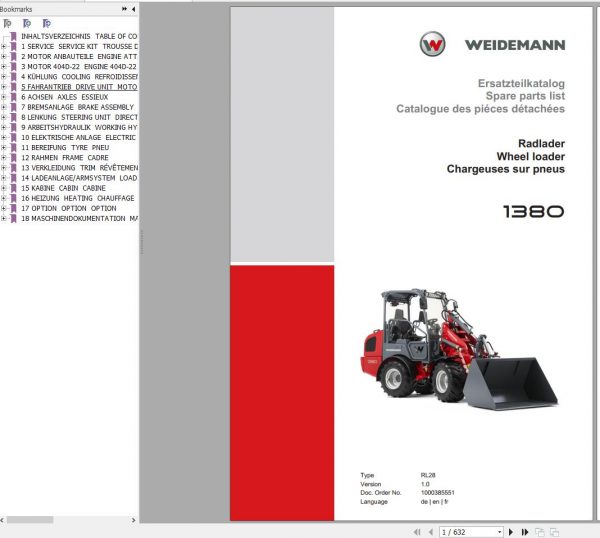 Weidemann Wheel Loader 1380 RL28 1.0 Spare Parts List ENDEFR 1