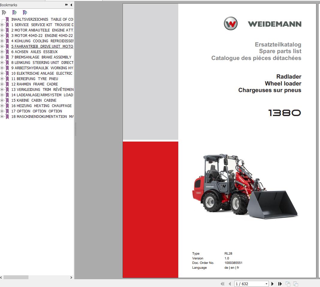 Weidemann Wheel Loader 1380 RL28 1.0 Spare Parts List ENDEFR 1