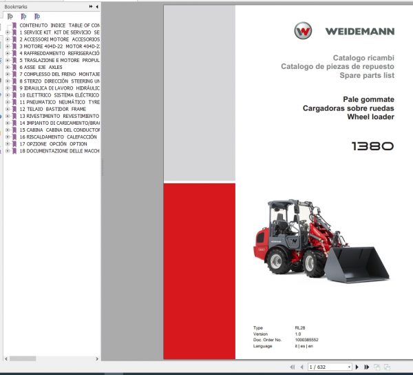Weidemann Wheel Loader 1380 RL28 1.0 Spare Parts List ENITES 1