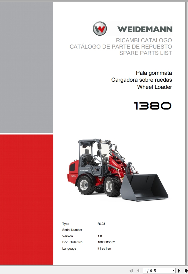 Weidemann Wheel Loader 1380 RL28 1.0 Spare Parts List ITESEN 1