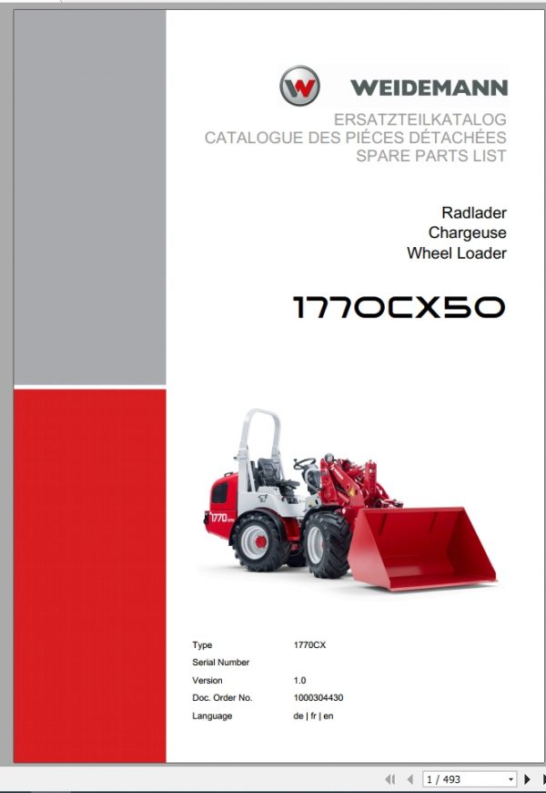 Weidemann Wheel Loader 1770CX50 1770CX 1.0 Spare Parts List DEFREN 1
