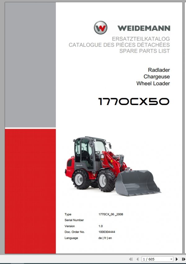 Weidemann Wheel Loader 1770CX50 1770CX 06 2008 1.0 Spare Parts List DEFREN 1