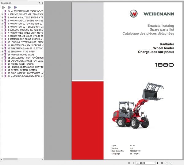 Weidemann Wheel Loader 1880 RL30 1.0 Spare Parts List ENDEFR 1