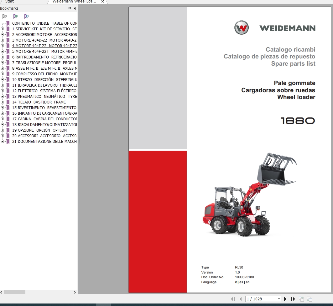 Weidemann Wheel Loader 1880 RL30 1.0 Spare Parts List ENITES 1