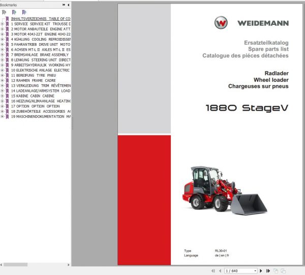 Weidemann Wheel Loader 1880 StageV RL30 01 Spare Parts List ENDEFR 1