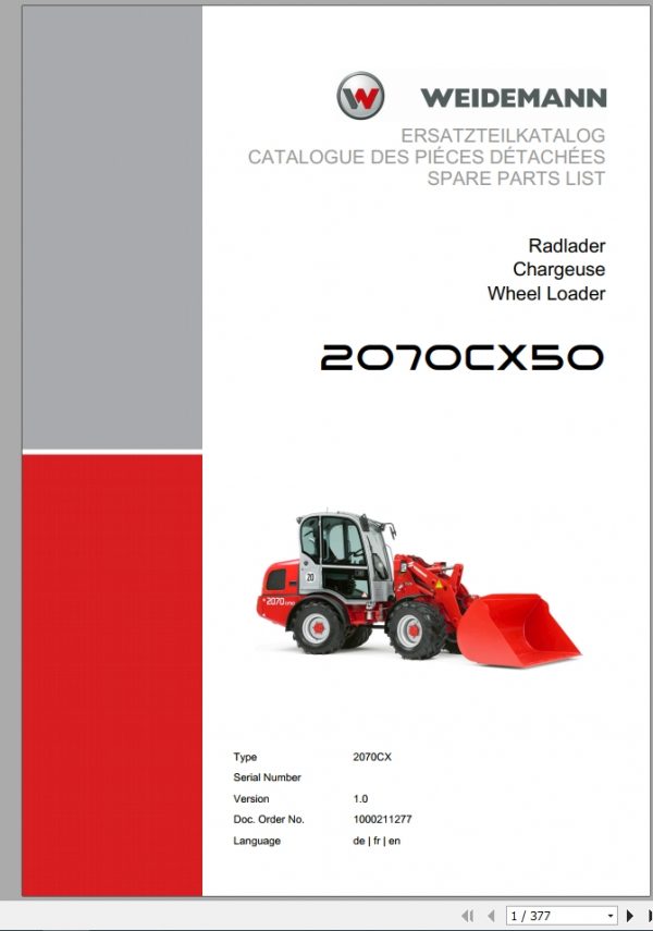 Weidemann Wheel Loader 2070CX50 2070CX 1.0 Spare Parts List DEFREN 1