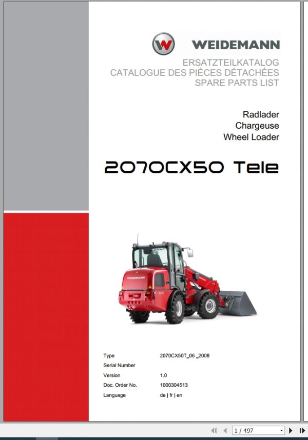 Weidemann Wheel Loader 2070CX50 TELE 2070CX50T 06 2008 1.0 Spare Parts List DEFREN 1