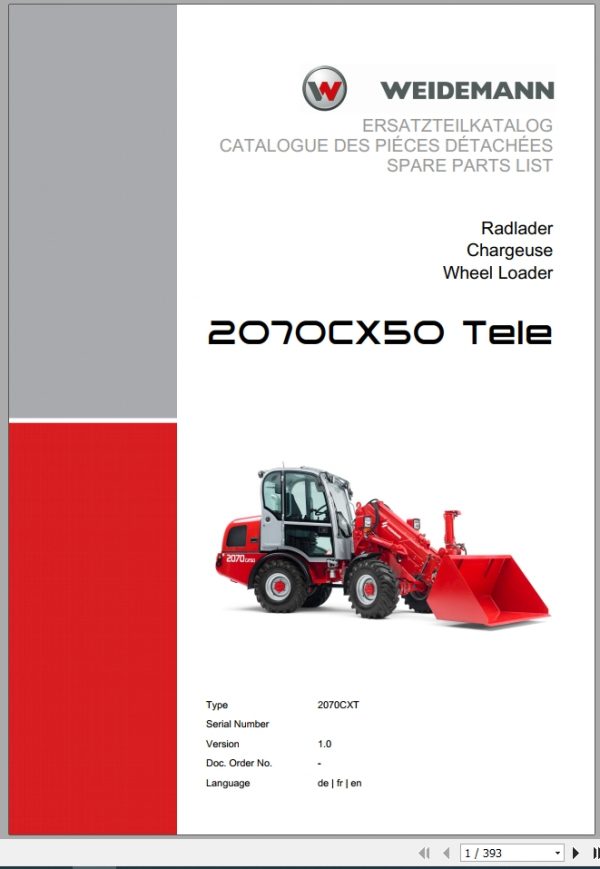 Weidemann Wheel Loader 2070CX50 TELE 2070CXT 1.0 Spare Parts List DEFREN 1