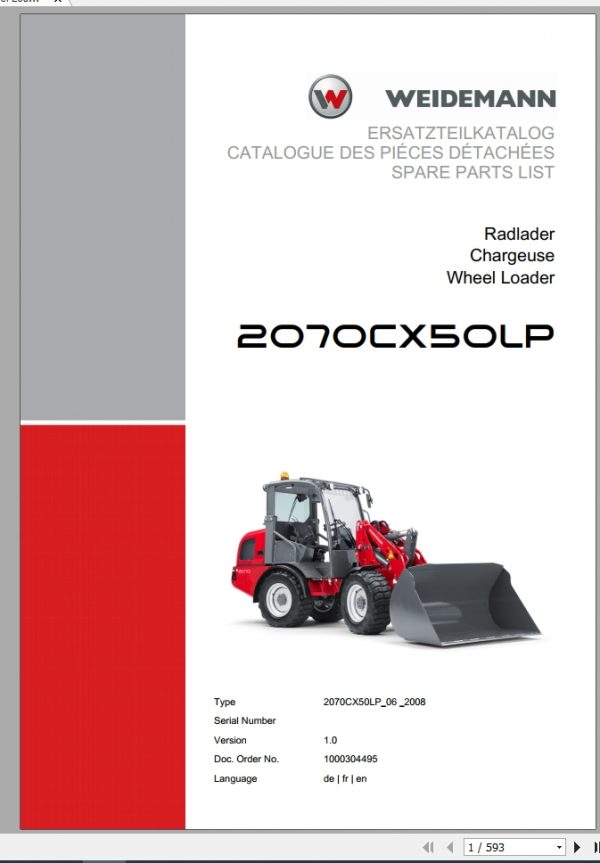 Weidemann Wheel Loader 2070CX50LP 2070CX50LP 06 2008 1.0 Spare Parts List DEFREN 1
