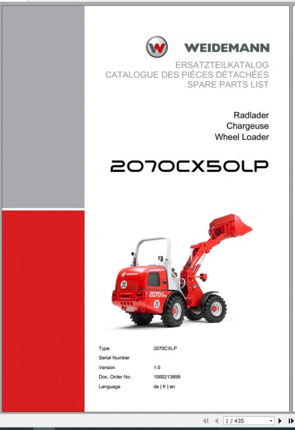 Weidemann Wheel Loader 2070CX50LP 2070CXLP 1.0 Spare Parts List DEFREN 1