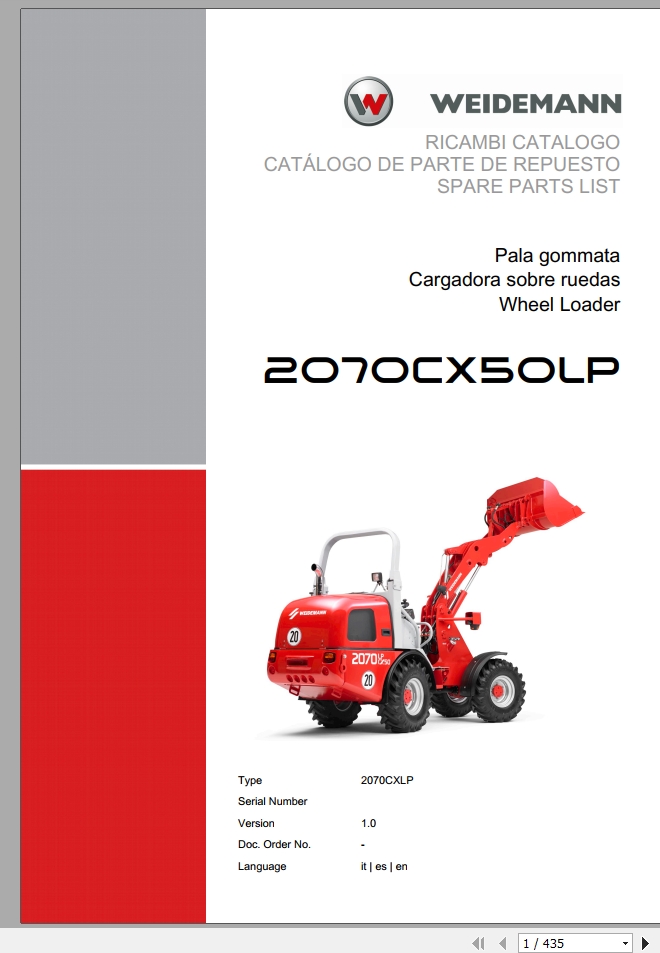 Weidemann Wheel Loader 2070CX50LP 2070CXLP 1.0 Spare Parts List ITESEN 1