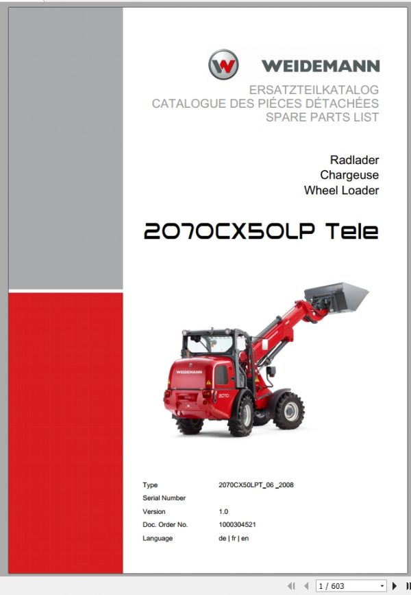Weidemann Wheel Loader 2070CX50LP TELE 2070CX50LPT 06 2008 1.0 Spare Parts List DEFREN 1