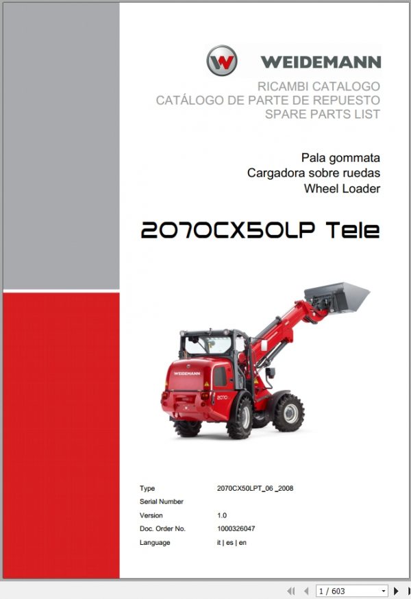 Weidemann Wheel Loader 2070CX50LP TELE 2070CX50LPT 06 2008 1.0 Spare Parts List ITESEN 1
