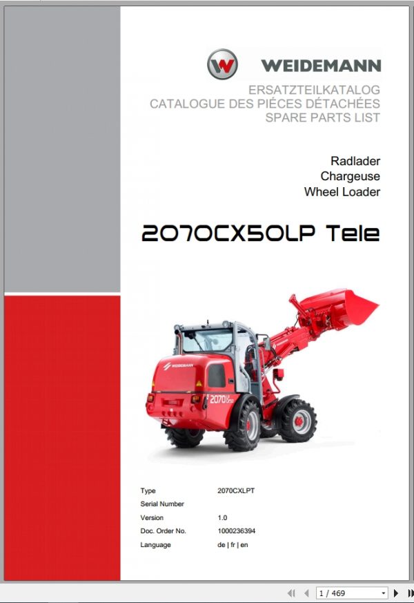 Weidemann Wheel Loader 2070CX50LP TELE 2070CXLPT 1.0 Spare Parts List DEFREN 1