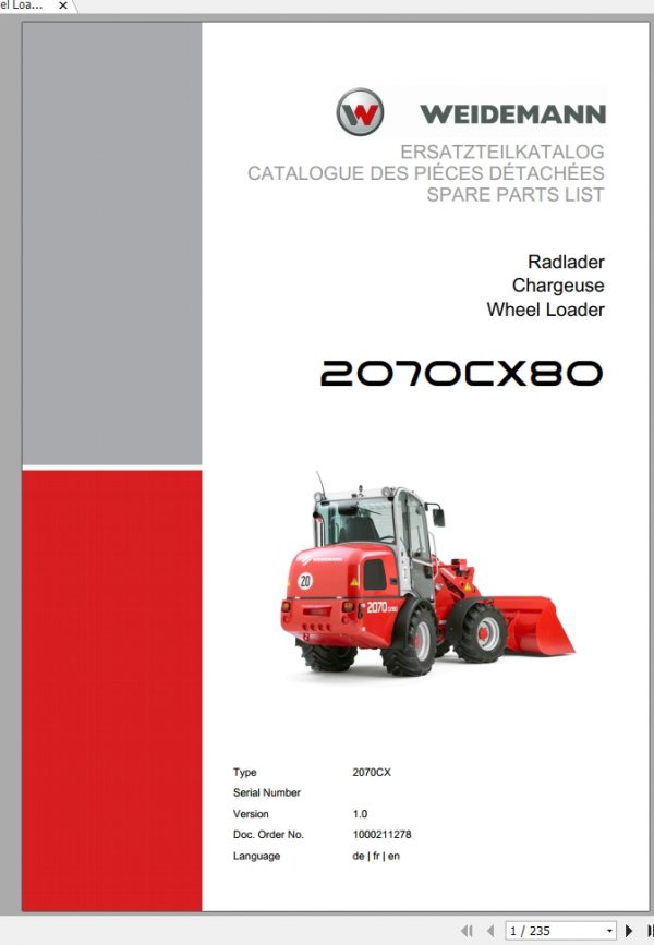 Weidemann Wheel Loader 2070CX80 2070CX 1.0 Spare Parts List DEFREN 1