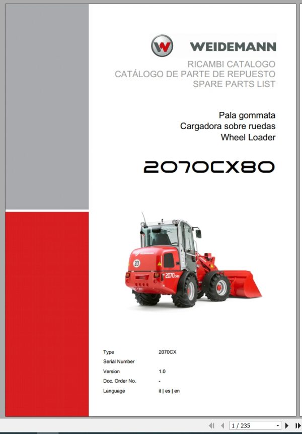 Weidemann Wheel Loader 2070CX80 2070CX 1.0 Spare Parts List ITESEN 1