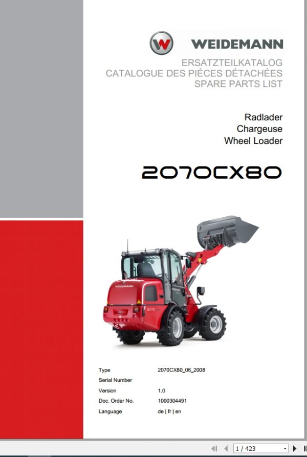 Weidemann Wheel Loader 2070CX80 2070CX80 06 2008 1.0 Spare Parts List DEFREN 1