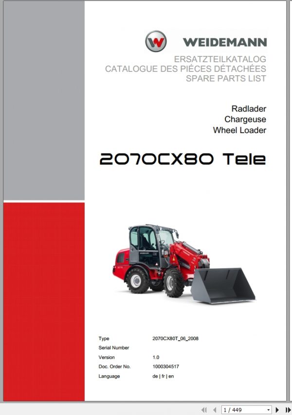 Weidemann Wheel Loader 2070CX80 TELE 2070CX80T 06 2008 1.0 Spare Parts List DEFREN 1