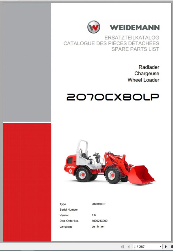Weidemann Wheel Loader 2070CX80LP 2070CXLP 1.0 Spare Parts List DEFREN 1