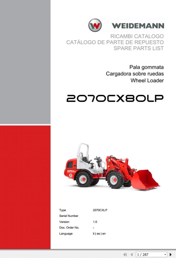 Weidemann Wheel Loader 2070CX80LP 2070CXLP 1.0 Spare Parts List ITESEN 1