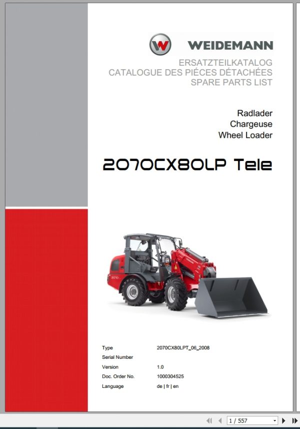 Weidemann Wheel Loader 2070CX80LP TELE 2070CX80LPT 06 2008 1.0 Spare Parts List DEFREN 1