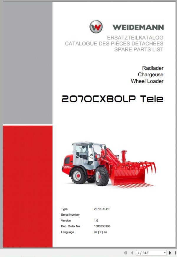 Weidemann Wheel Loader 2070CX80LP TELE 2070CXLPT 1.0 Spare Parts List DEFREN 1