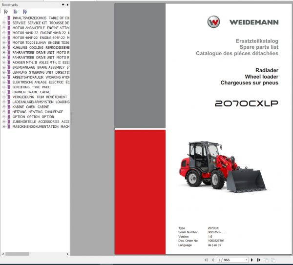 Weidemann Wheel Loader 2070CXLP 2070CX 1.0 Spare Parts List DEFREN 1