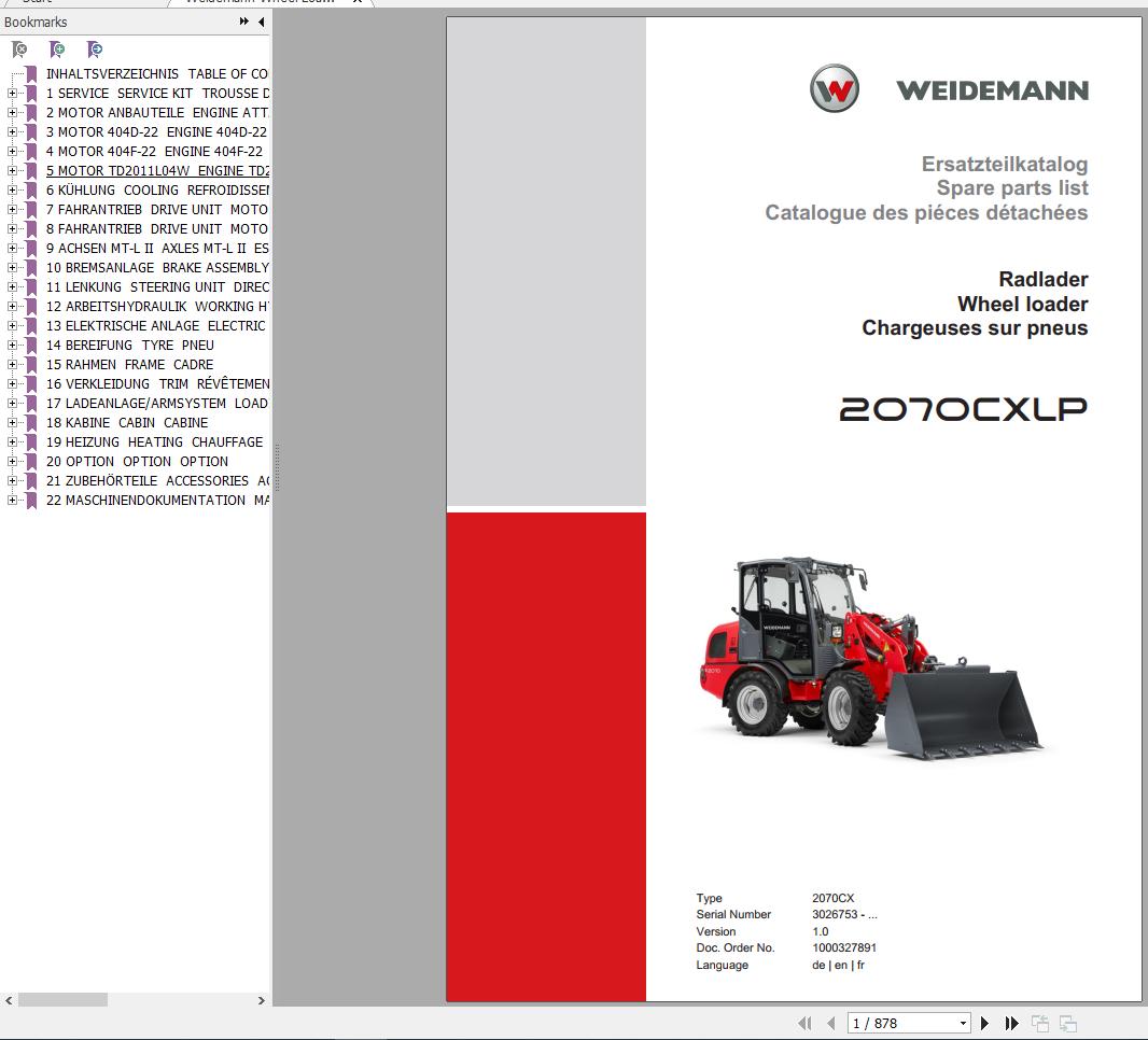 Weidemann Wheel Loader 2070CXLP 2070CX 1.0 Spare Parts List ENDEFR 1