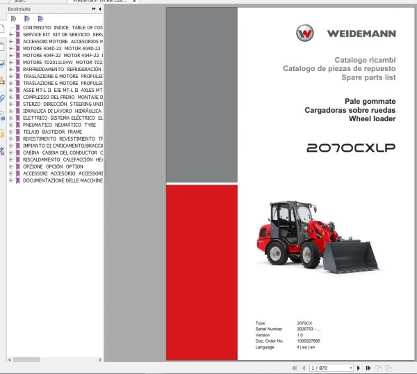 Weidemann Wheel Loader 2070CXLP 2070CX 1.0 Spare Parts List ITESEN 1