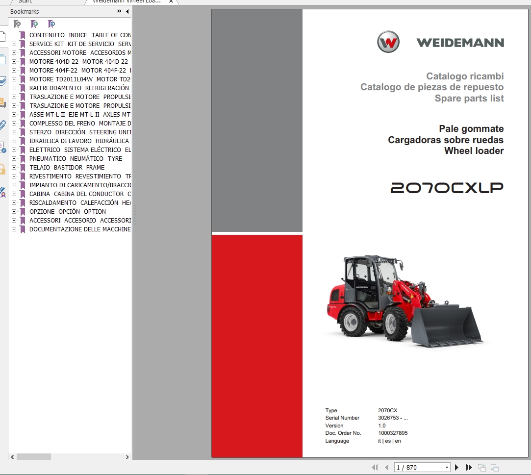 Weidemann Wheel Loader 2070CXLP 2070CX 1.0 Spare Parts List ITESEN 1