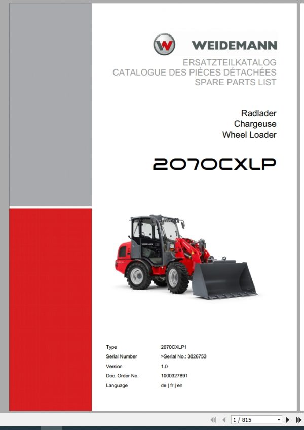 Weidemann Wheel Loader 2070CXLP 2070CXLP1 1.0 Spare Parts List DEFREN 1