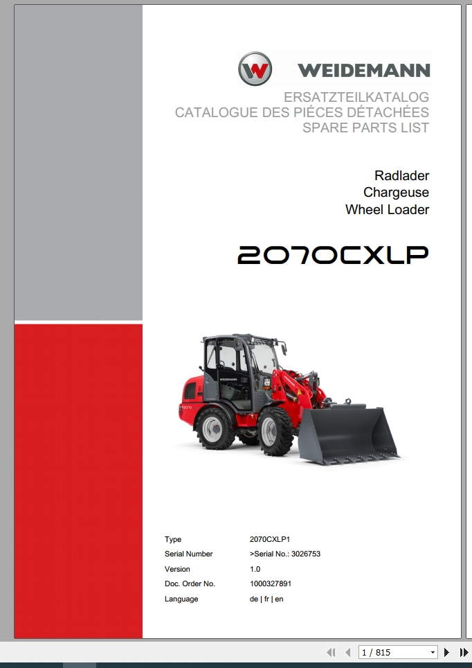 Weidemann Wheel Loader 2070CXLP 2070CXLP1 1.0 Spare Parts List DEFREN 1