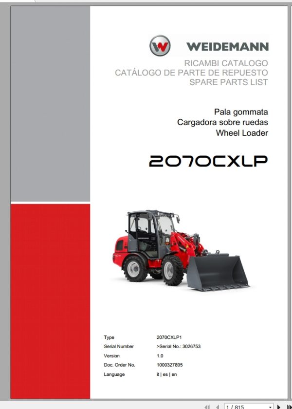 Weidemann Wheel Loader 2070CXLP 2070CXLP1 1.0 Spare Parts List ITESEN 1