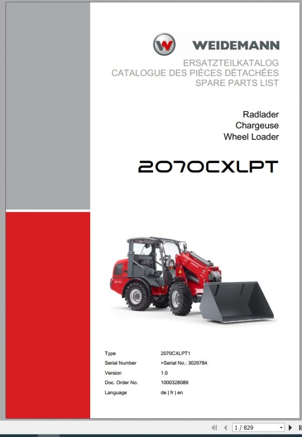 Weidemann Wheel Loader 2070CXLPT 2070CXLPT1 1.0 Spare Parts List DEFREN 1