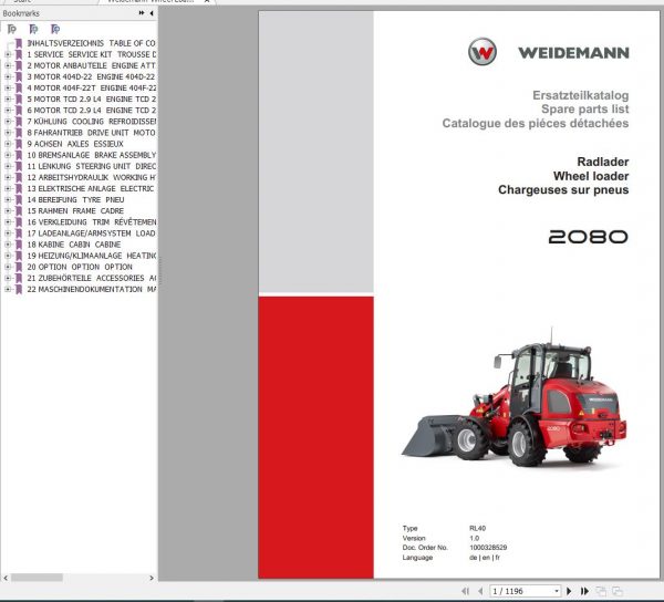 Weidemann Wheel Loader 2080 RL40 1.0 Spare Parts List ENDEFR 1