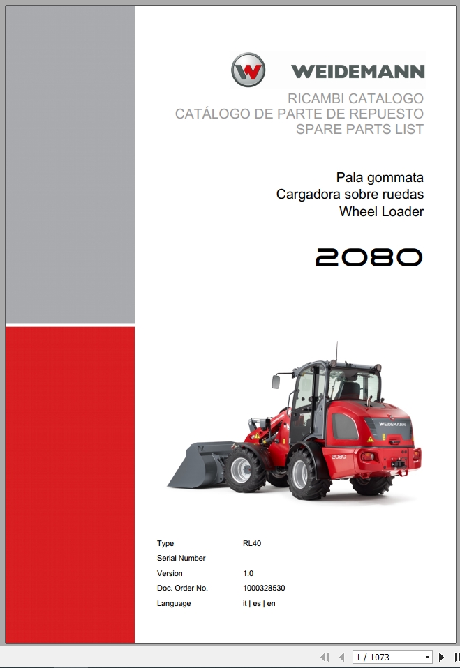 Weidemann Wheel Loader 2080 RL40 1.0 Spare Parts List ITESEN 1