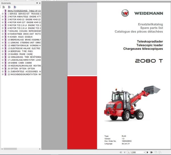Weidemann Wheel Loader 2080 T RL40 1.0 Spare Parts List ENDEFR 1