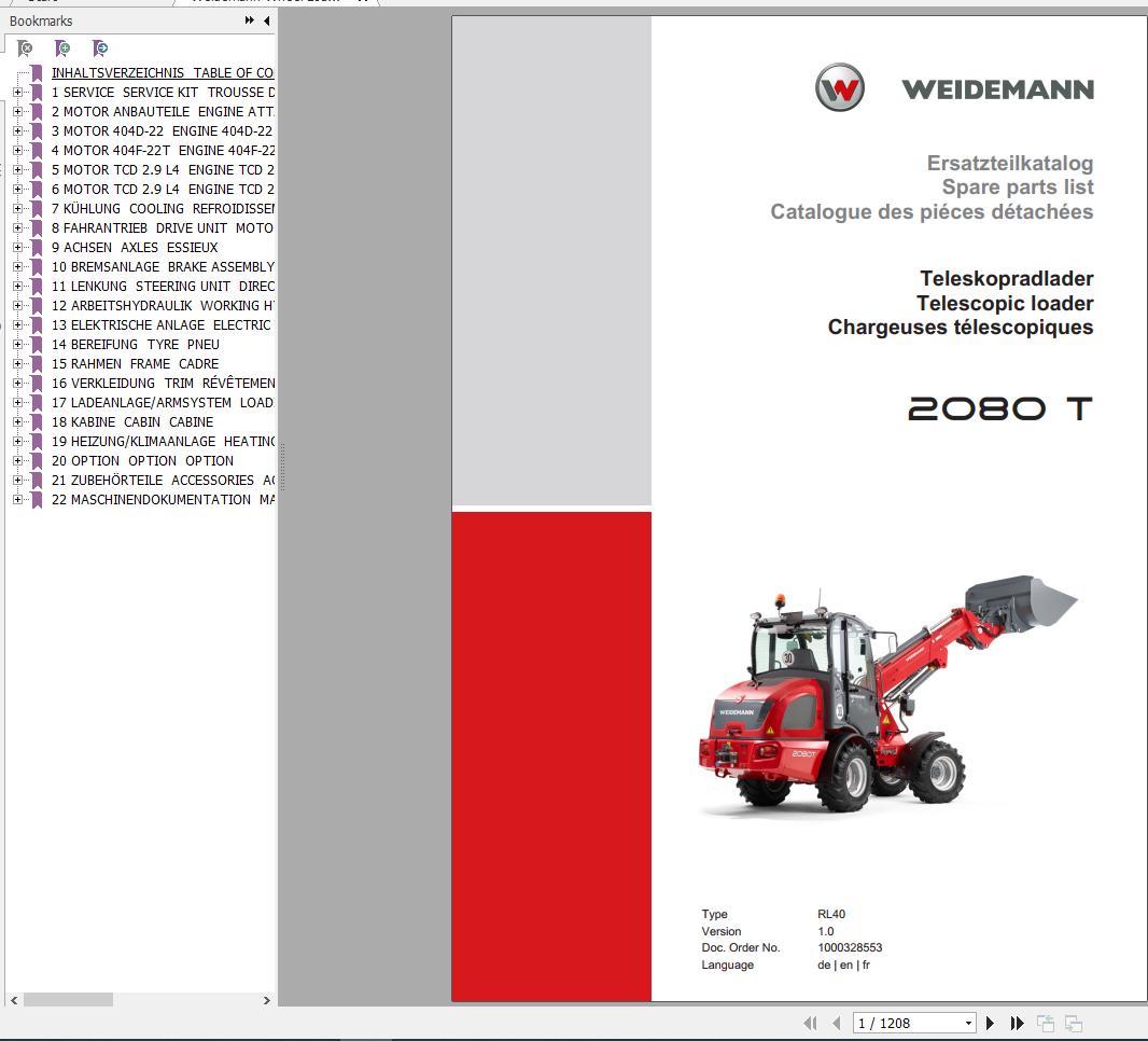 Weidemann Wheel Loader 2080 T RL40 1.0 Spare Parts List ENDEFR 1