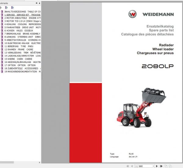 Weidemann Wheel Loader 2080LP RL40 Spare Parts List ENDEFR 1