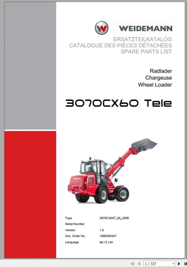Weidemann Wheel Loader 3070CX60 TELE 3070CX60T 06 2008 1.0 Spare Parts List DEFREN 1