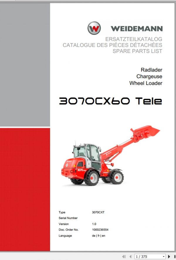 Weidemann Wheel Loader 3070CX60 TELE 3070CXT 1.0 Spare Parts List DEFREN 1