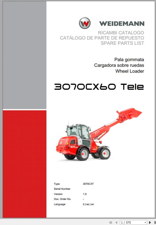Weidemann Wheel Loader 3070CX60 TELE 3070CXT 1.0 Spare Parts List ITESEN 1